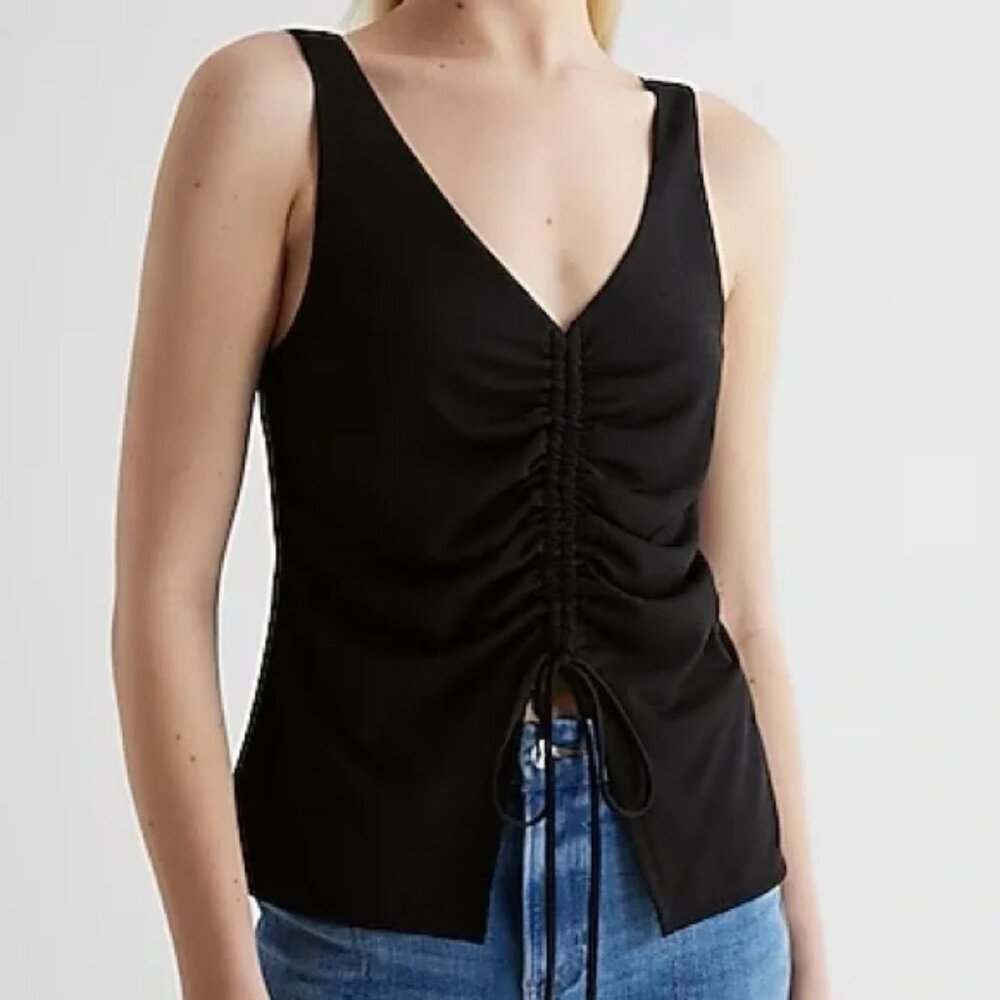 Express Ruched Tank | V-Neck Top with Split Hem and Front Ties
